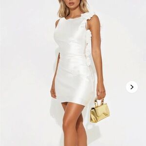 Fashion Nova White Satin Dress with Gold Accessories